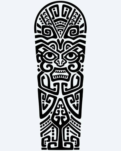 Polynesian Tiki Face semi-permanent tattoo design by INKON – polynesian, centered, tiki, face, lines illustration, 8 x 20 in (20x50cm), available at inkon.co