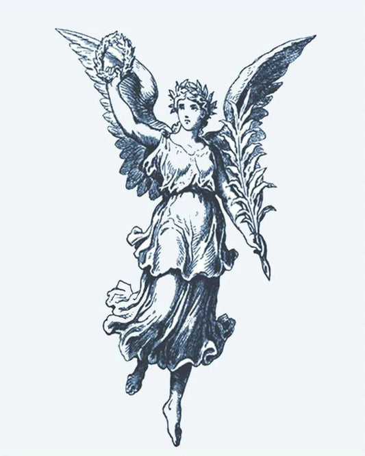 Victory Angel semi-permanent tattoo design by INKON – classical, winged, angel, holding, laurel illustration, 4 x 7 in (10x17cm), available at inkon.co