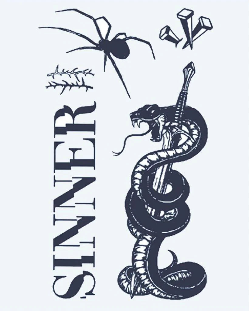 Sinner Flash Sheet semi-permanent tattoo design by INKON – dark, flash, sheet, coiling, snake illustration, 4 x 7 in (10x17cm), available at inkon.co