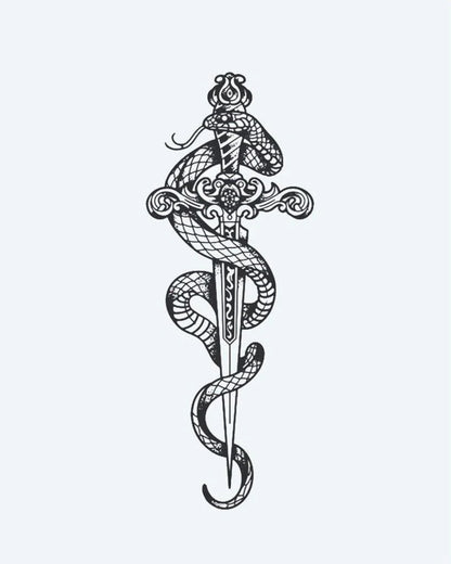 Snake & Ornate Dagger semi-permanent tattoo design by INKON – beautifully, cobra, snake, coiling, ornate illustration, 4 x 8 in (11x21cm), available at inkon.co