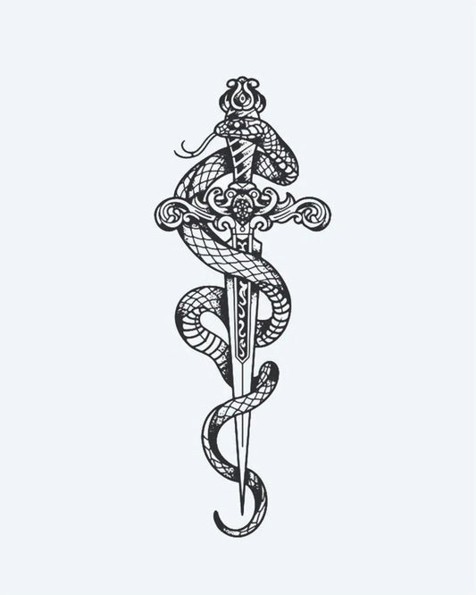 Snake & Ornate Dagger semi-permanent tattoo design by INKON – beautifully, cobra, snake, coiling, ornate illustration, 4 x 8 in (11x21cm), available at inkon.co
