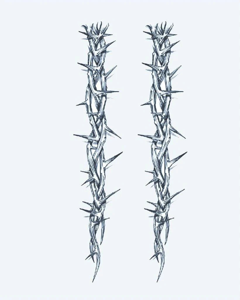 Thorn Vines semi-permanent tattoo design by INKON – long, intertwined, thorn, vine, tattoos illustration, 4 x 8 in (11x21cm), available at inkon.co