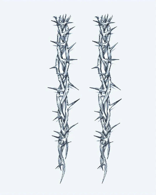 Thorn Vines semi-permanent tattoo design by INKON – long, intertwined, thorn, vine, tattoos illustration, 4 x 8 in (11x21cm), available at inkon.co
