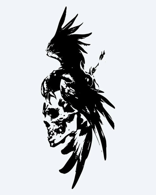 Crow & Skull semi-permanent tattoo design by INKON – silhouette, crow, perched, human, skull illustration, 4 x 7 in (10x17cm), available at inkon.co