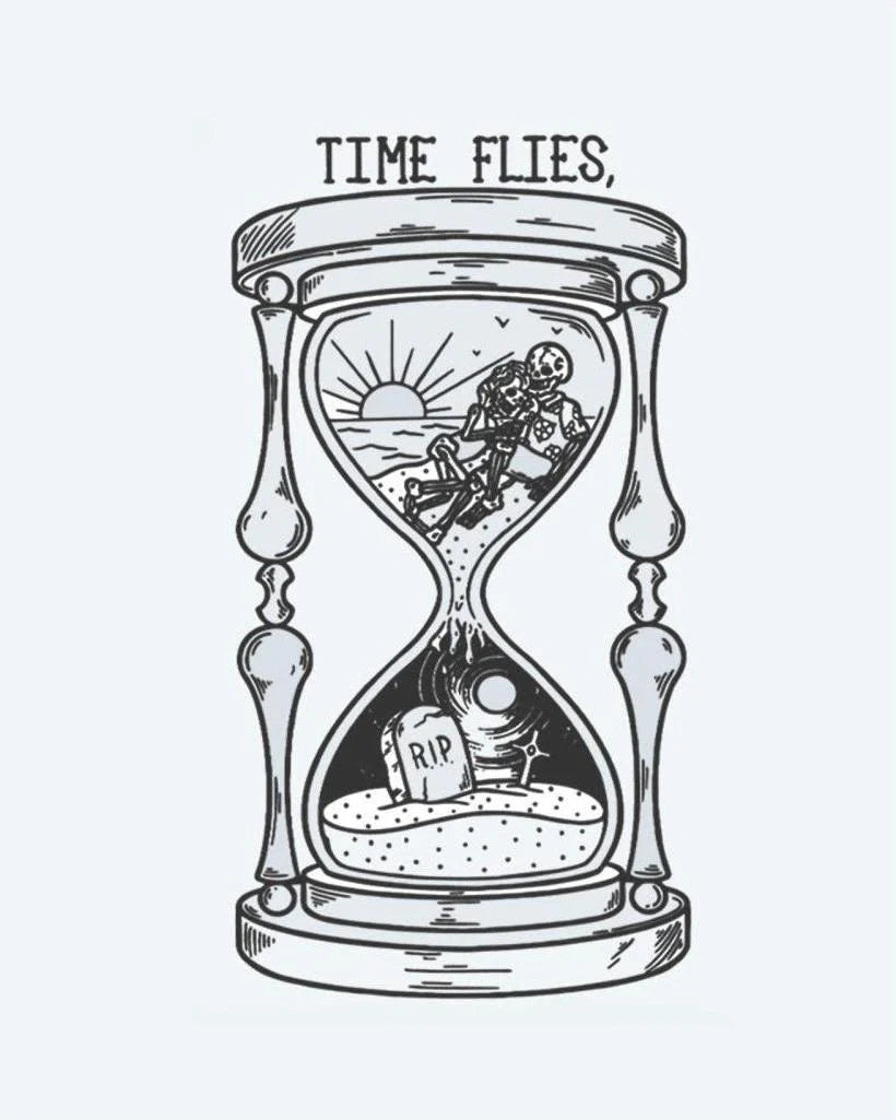 Time Flies Hourglass semi-permanent tattoo design by INKON – hourglass, skeleton, gravestone, inside, topped illustration, 3 x 4 in (6x11cm), available at inkon.co