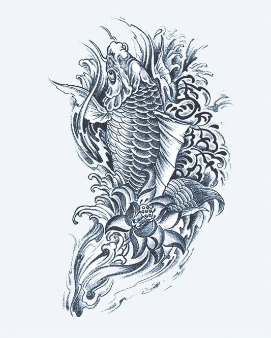 Koi Fish & Lotus 2 semi-permanent tattoo design by INKON – fish, leaping, through, waves, lotus illustration, 4 x 8 in (11x21cm), available at inkon.co