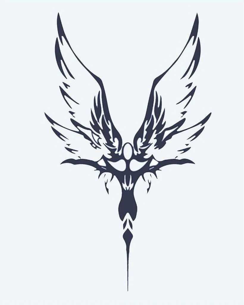 Tribal Phoenix semi-permanent tattoo design by INKON – tribal, phoenix, spread, wings, symmetrical illustration, 4 x 7 in (10x17cm), available at inkon.co