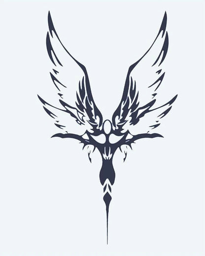 Tribal Phoenix semi-permanent tattoo design by INKON – tribal, phoenix, spread, wings, symmetrical illustration, 4 x 7 in (10x17cm), available at inkon.co