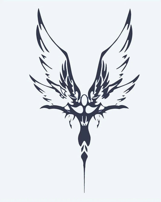 Tribal Phoenix semi-permanent tattoo design by INKON – tribal, phoenix, spread, wings, symmetrical illustration, 4 x 7 in (10x17cm), available at inkon.co