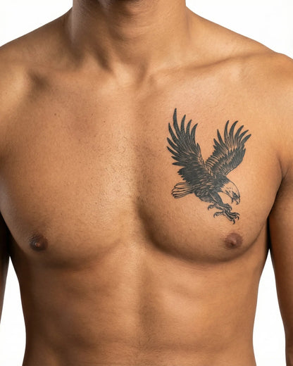 INKON Bald Eagle semi-permanent tattoo applied on a man – 4 x 7 in (10x17cm) design, realistic ink look, lasts 10 days
