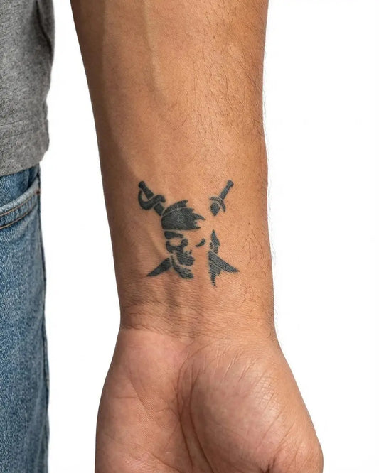 INKON Pirate Skull & Swords semi-permanent tattoo applied on a man – 2 x 2 in (5x5cm) design, realistic ink look, lasts 10 days