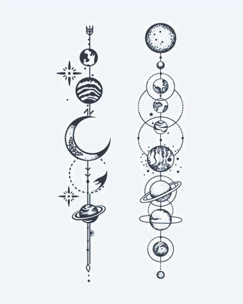 Solar System Alignment semi-permanent tattoo design by INKON – celestial, vertical, planet, alignment, designs illustration, 3 x 4 in (6x11cm), available at inkon.co
