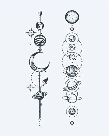 Solar System Alignment semi-permanent tattoo design by INKON – celestial, vertical, planet, alignment, designs illustration, 3 x 4 in (6x11cm), available at inkon.co