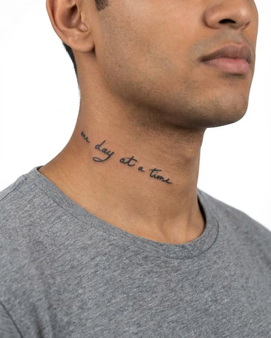 INKON One Day at a Time semi-permanent tattoo applied on a man – 3 x 4 in (6x11cm) design, realistic ink look, lasts 10 days