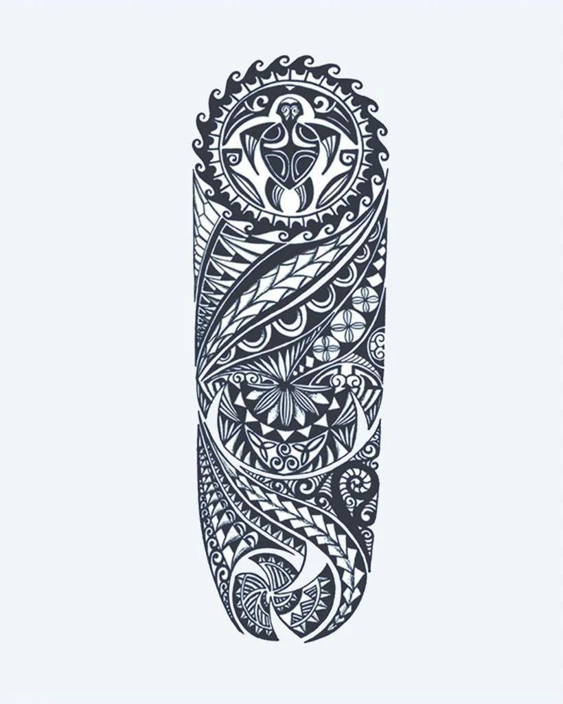 Polynesian Tribal Sleeve semi-permanent tattoo design by INKON – elaborate, polynesian, tribal, turtle, ocean illustration, 8 x 20 in (20x50cm), available at inkon.co