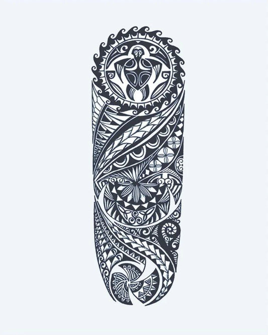 Polynesian Tribal Sleeve semi-permanent tattoo design by INKON – elaborate, polynesian, tribal, turtle, ocean illustration, 8 x 20 in (20x50cm), available at inkon.co