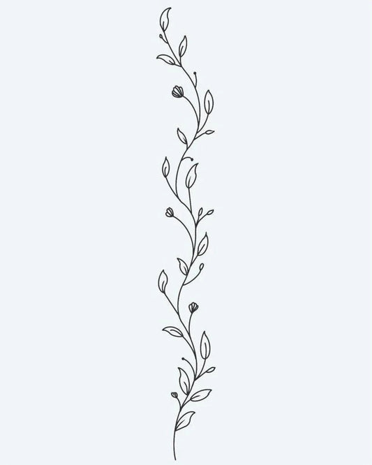 Botanical Vine semi-permanent tattoo design by INKON – delicate, trailing, vine, small, leaves illustration, 4 x 7 in (10x17cm), available at inkon.co
