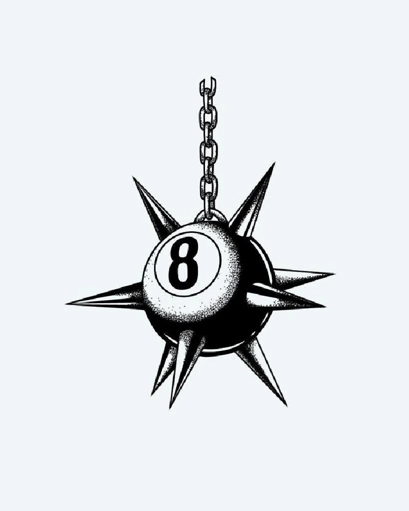 Spiked 8-Ball Flail semi-permanent tattoo design by INKON – illustrative, dotwork, transforms, ball, lethal illustration, 3 x 4 in (7x10cm), available at inkon.co