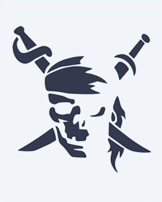 Pirate Skull & Swords semi-permanent tattoo design by INKON – pirate, skull, wearing, bandana, crossed illustration, 2 x 2 in (5x5cm), available at inkon.co