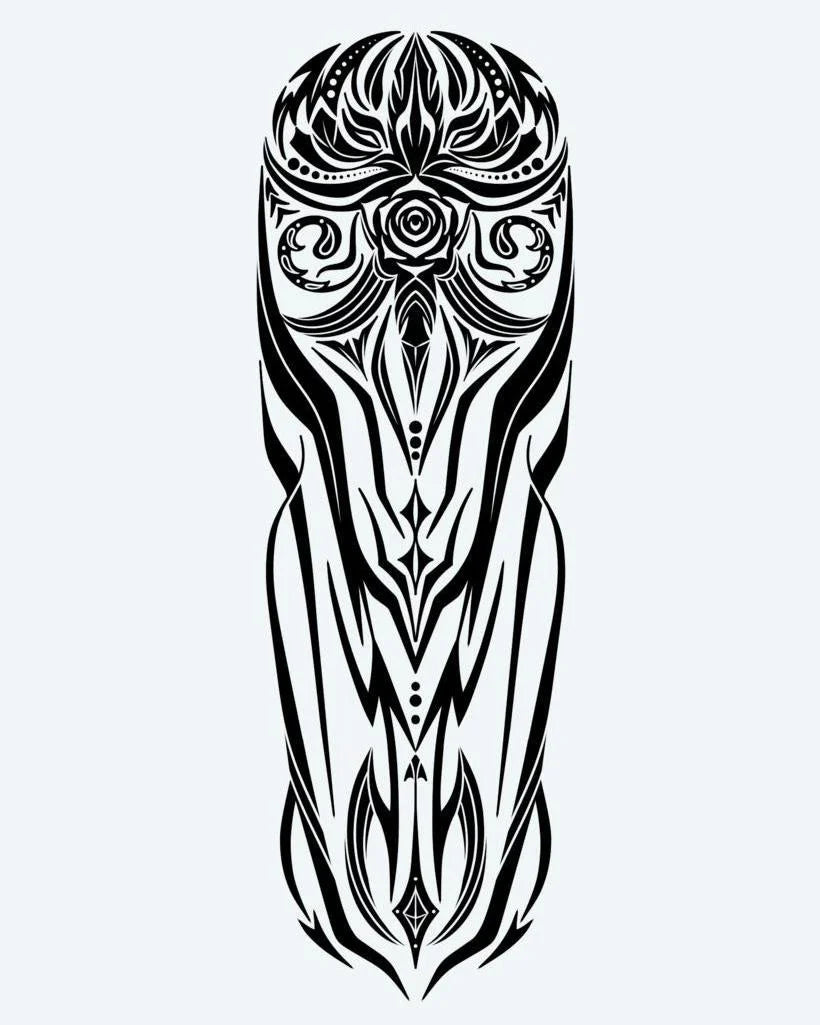 Tribal Owl Totem semi-permanent tattoo design by INKON – mystical, tribal, symmetrical, figure, ornate illustration, 8 x 20 in (20x50cm), available at inkon.co