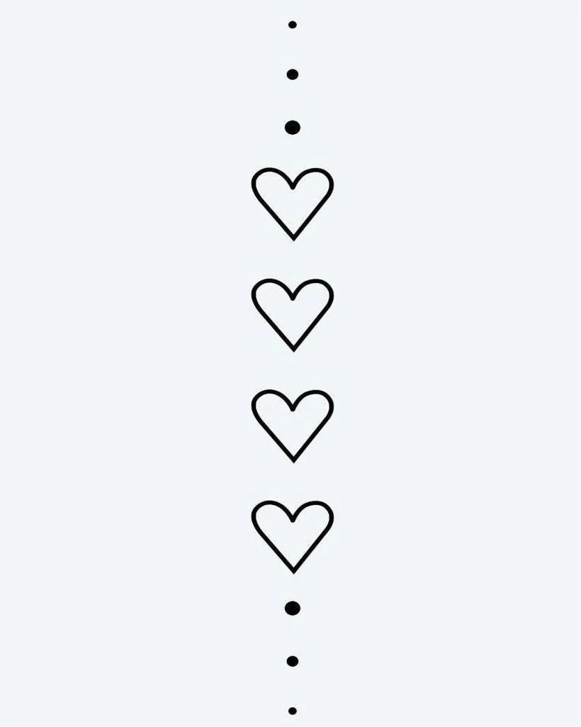 Hearts & Dots Chain semi-permanent tattoo design by INKON – minimalist, vertical, chain, four, heart illustration, 4 x 7 in (10x17cm), available at inkon.co