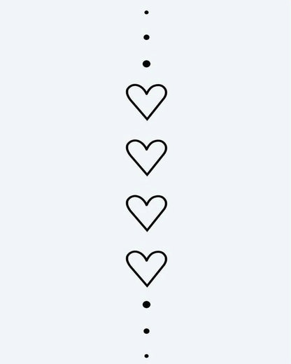 Hearts & Dots Chain semi-permanent tattoo design by INKON – minimalist, vertical, chain, four, heart illustration, 4 x 7 in (10x17cm), available at inkon.co