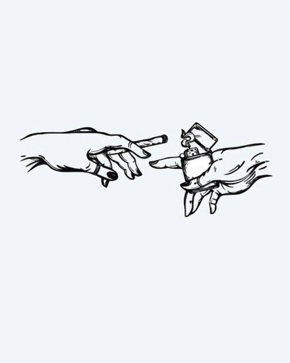 Hands with Lighter & Cigarette semi-permanent tattoo design by INKON – hands, reaching, toward, other, creation illustration, 4 x 4 in (9x9cm), available at inkon.co