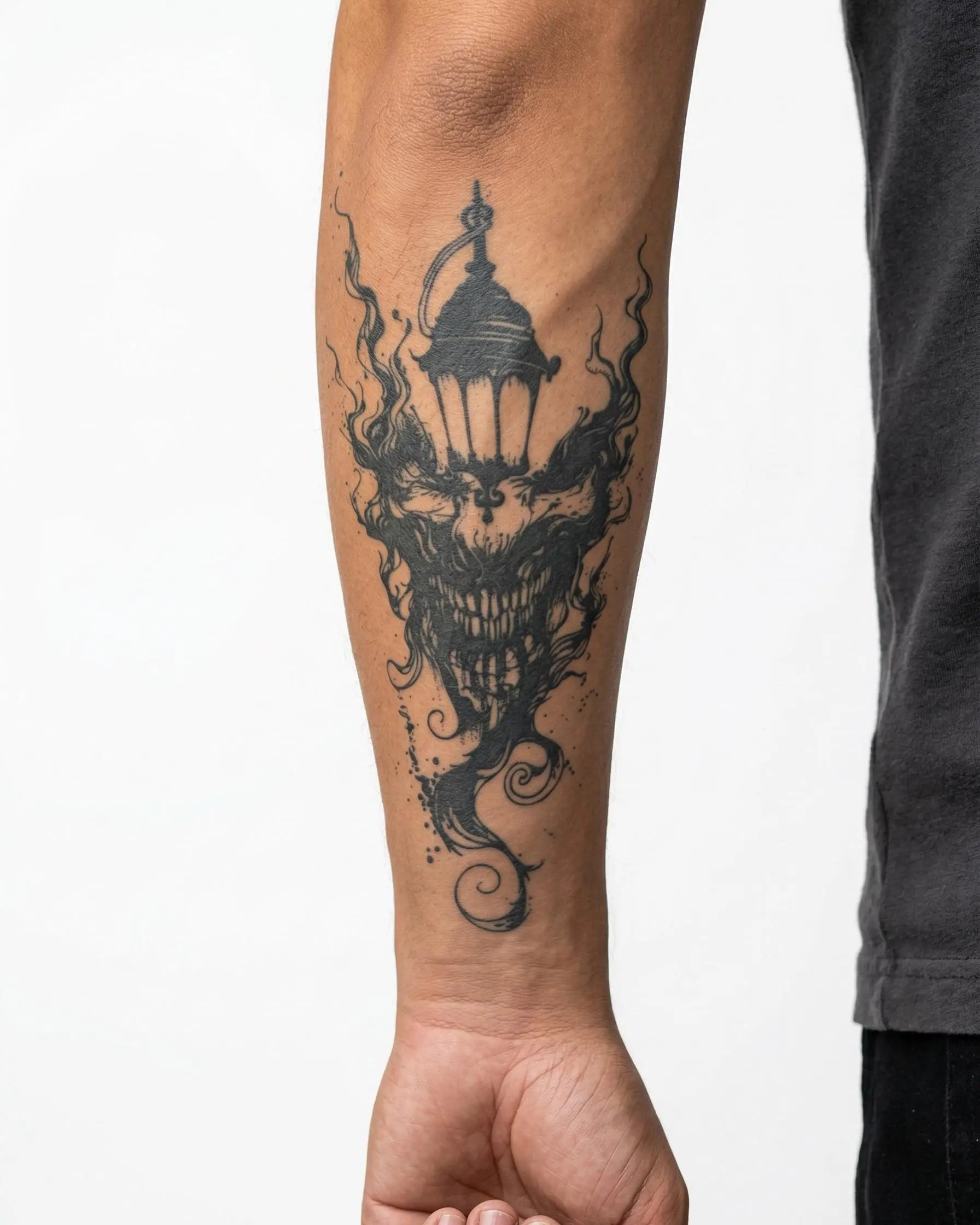 INKON Demon Lantern semi-permanent tattoo applied on a man – 4 x 7 in (10x17cm) design, realistic ink look, lasts 10 days