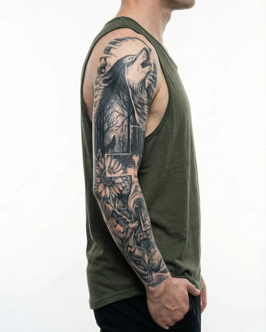 INKON Howling Wolf & Forest Woman semi-permanent tattoo applied on a man – 8 x 20 in (20x50cm) design, realistic ink look, lasts 10 days