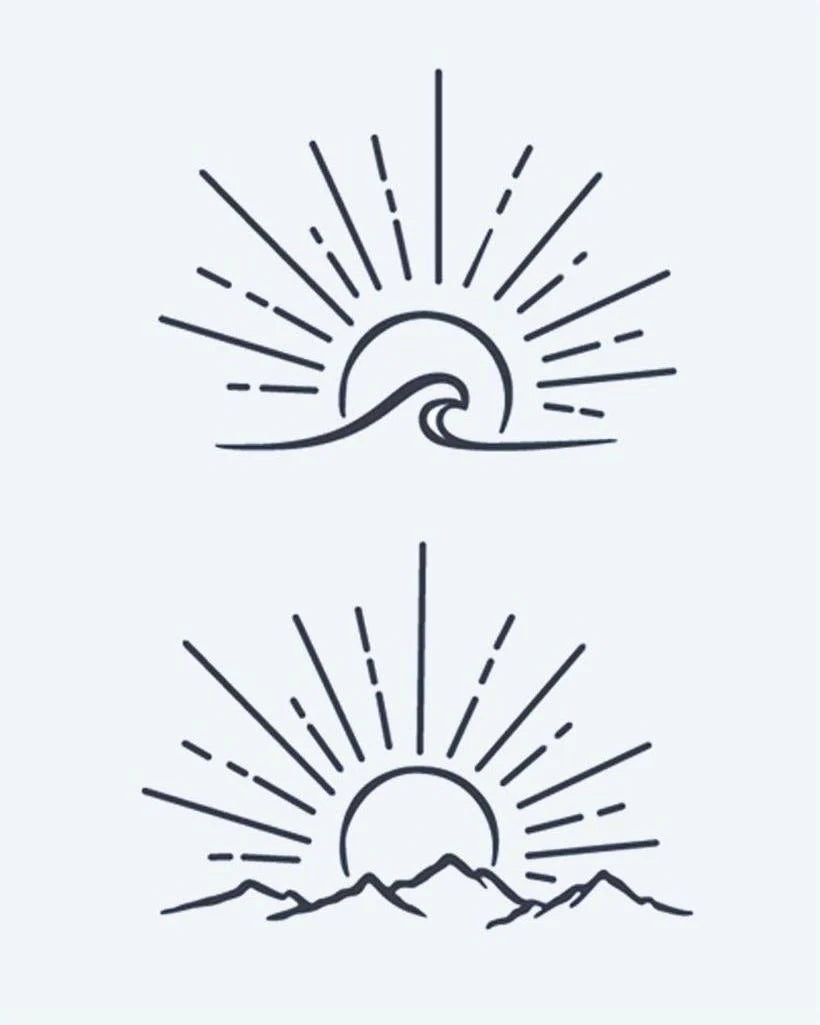 Sunrise Wave & Mountains semi-permanent tattoo design by INKON – minimalist, line, ocean, wave, sunrise illustration, 4 x 7 in (10x17cm), available at inkon.co