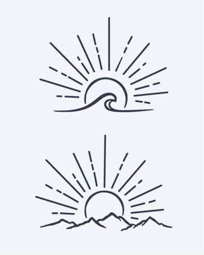 Sunrise Wave & Mountains semi-permanent tattoo design by INKON – minimalist, line, ocean, wave, sunrise illustration, 4 x 7 in (10x17cm), available at inkon.co