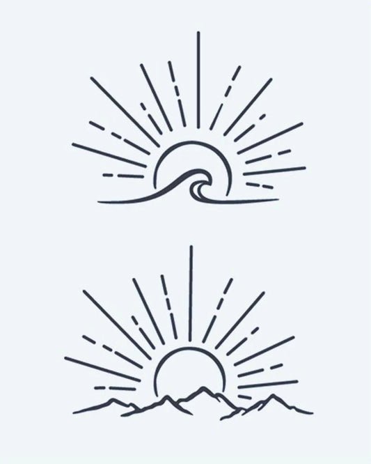 Sunrise Wave & Mountains semi-permanent tattoo design by INKON – minimalist, line, ocean, wave, sunrise illustration, 4 x 7 in (10x17cm), available at inkon.co