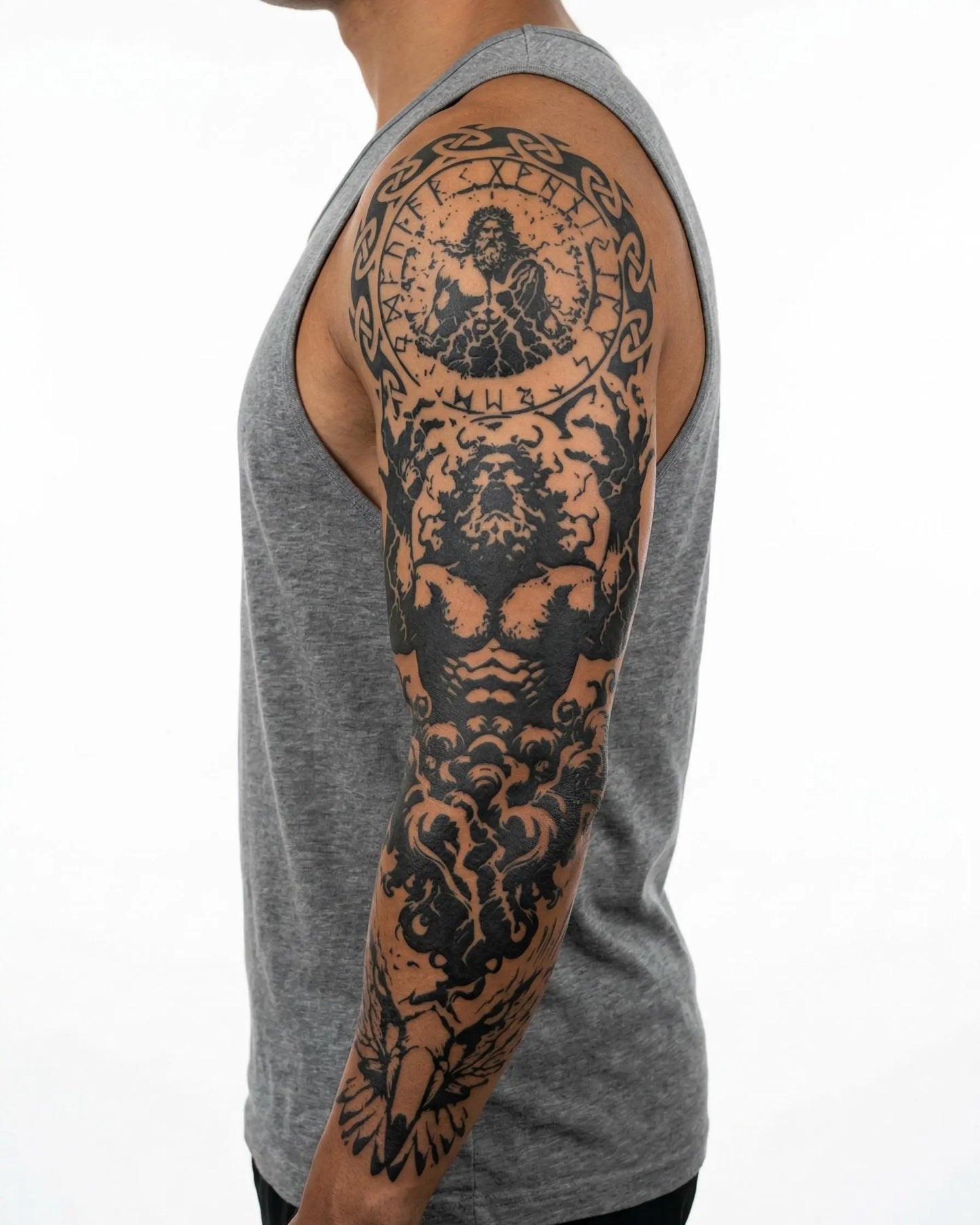 INKON Atlas & Zodiac semi-permanent tattoo applied on a man – 8 x 20 in (20x50cm) design, realistic ink look, lasts 10 days