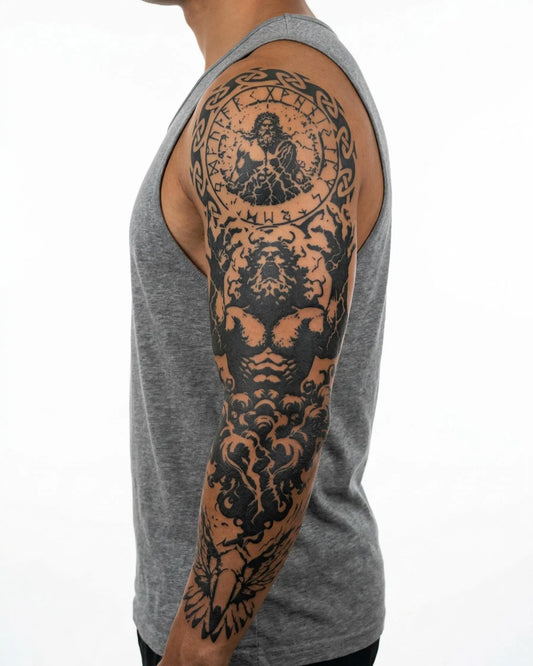 INKON Atlas & Zodiac semi-permanent tattoo applied on a man – 8 x 20 in (20x50cm) design, realistic ink look, lasts 10 days