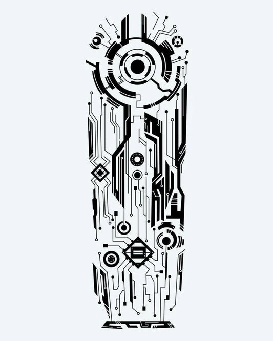 Cyberpunk Circuit semi-permanent tattoo design by INKON – futuristic, circuit, board, patterns, mechanical illustration, 8 x 20 in (20x50cm), available at inkon.co