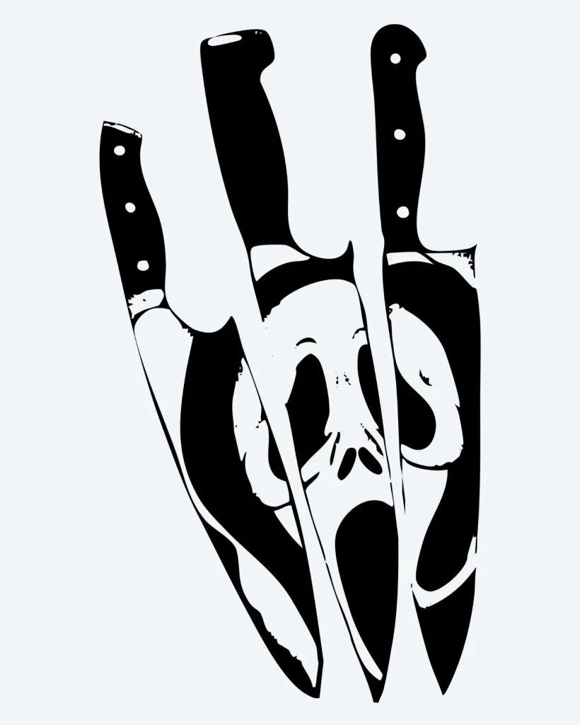 Ghost Face & Knives semi-permanent tattoo design by INKON – horror, three, kitchen, knives, revealing illustration, 4 x 4 in (9x9cm), available at inkon.co