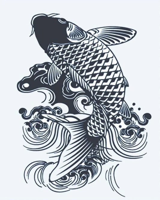 Koi Fish semi-permanent tattoo design by INKON – japanese, fish, leaping, through, waves illustration, 4 x 7 in (10x17cm), available at inkon.co