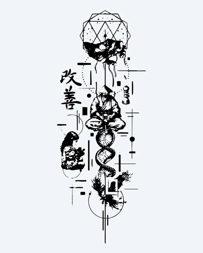 Japanese Dragon & Kanji semi-permanent tattoo design by INKON – artistic, combining, coiling, dragon, japanese illustration, 8 x 20 in (20x50cm), available at inkon.co
