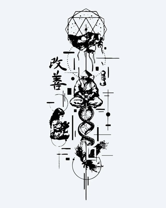 Japanese Dragon & Kanji semi-permanent tattoo design by INKON – artistic, combining, coiling, dragon, japanese illustration, 8 x 20 in (20x50cm), available at inkon.co