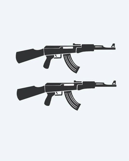 Assault Rifle Duo semi-permanent tattoo design by INKON – sheet, silhouette, assault, rifles, ribcage illustration, 3 x 4 in (6x11cm), available at inkon.co