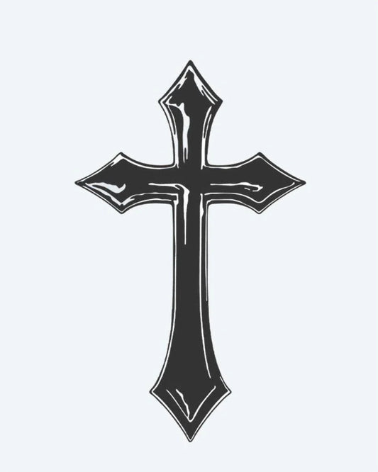 Gothic Cross semi-permanent tattoo design by INKON – gothic, cross, pointed, flared, ends illustration, 3 x 4 in (7x10cm), available at inkon.co