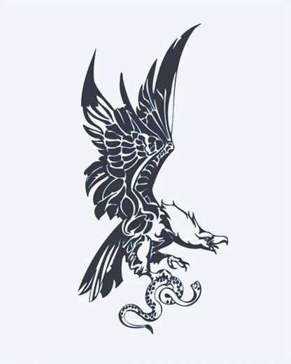 Eagle & Snake semi-permanent tattoo design by INKON – eagle, swooping, down, catch, serpent illustration, 4 x 7 in (10x17cm), available at inkon.co