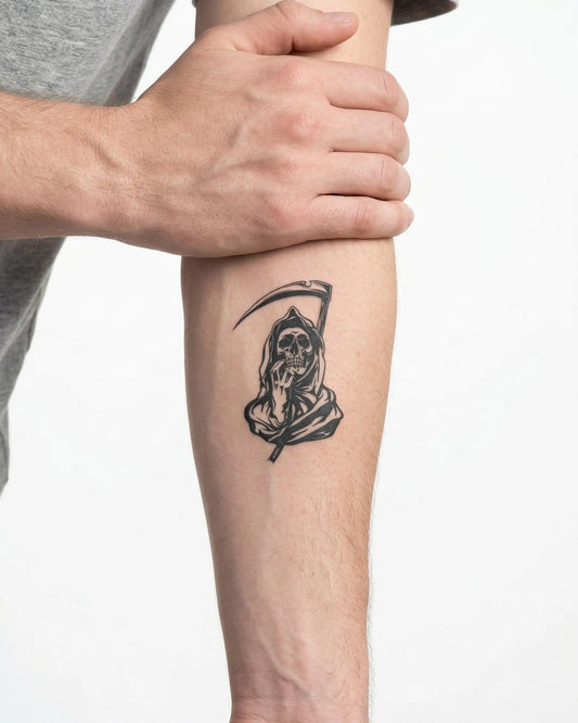 INKON Grim Reaper semi-permanent tattoo applied on a man – 3 x 4 in (7x10cm) design, realistic ink look, lasts 10 days