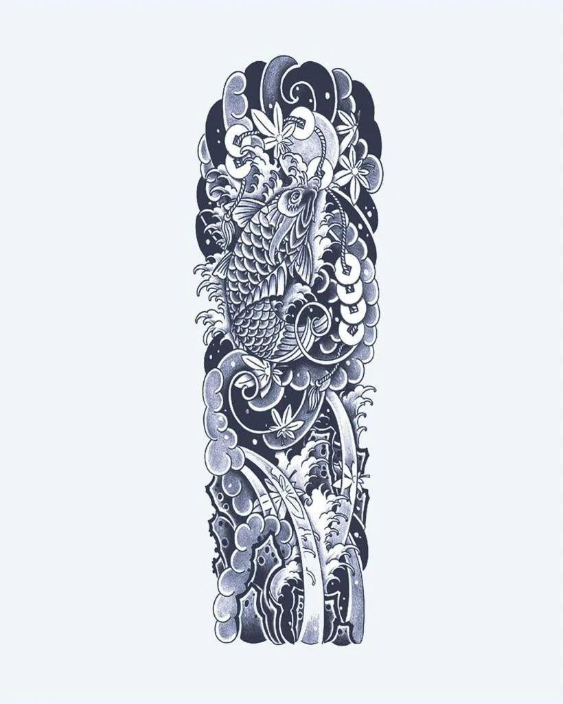 Koi Fish & Waves Sleeve semi-permanent tattoo design by INKON – japanese, irezumi, full, sleeve, fish illustration, 8 x 20 in (20x50cm), available at inkon.co