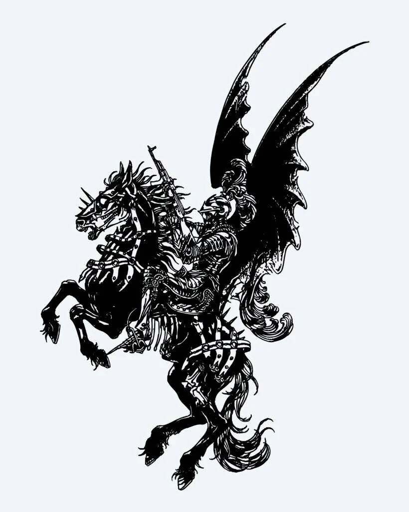 Dragon Rider semi-permanent tattoo design by INKON – warrior, riding, winged, dragon, silhouette illustration, 4 x 8 in (11x21cm), available at inkon.co