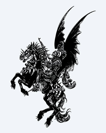 Dragon Rider semi-permanent tattoo design by INKON – warrior, riding, winged, dragon, silhouette illustration, 4 x 8 in (11x21cm), available at inkon.co