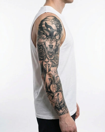 INKON Wolf & Forest Night semi-permanent tattoo applied on a man – 8 x 20 in (20x50cm) design, realistic ink look, lasts 10 days