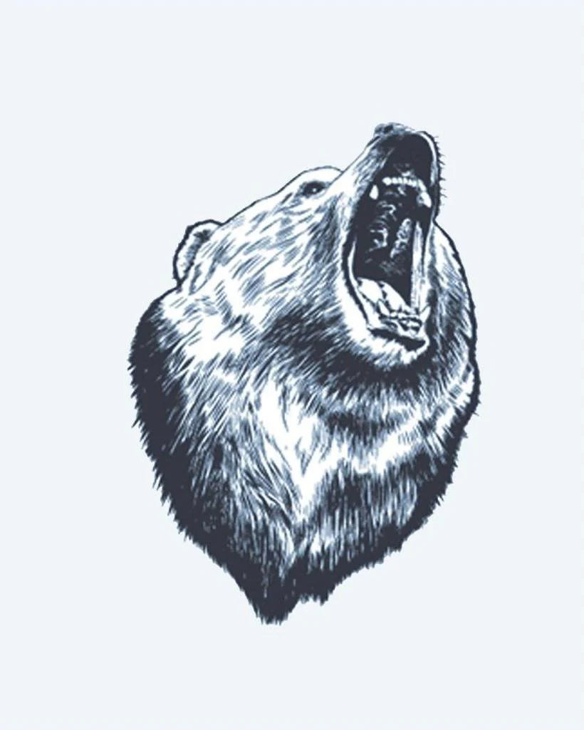 Roaring Bear semi-permanent tattoo design by INKON – roaring, bear, open, wildlife, portrait illustration, 3 x 4 in (7x10cm), available at inkon.co