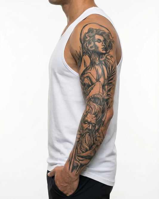 INKON Medusa & Poseidon semi-permanent tattoo applied on a man – 8 x 20 in (20x50cm) design, realistic ink look, lasts 10 days