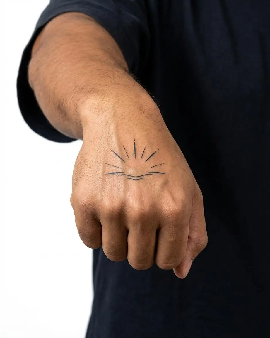 INKON Sunrise Horizon semi-permanent tattoo applied on a man – 2 x 2 in (5x5cm) design, realistic ink look, lasts 10 days